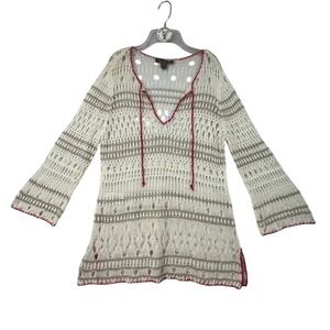Tommy Bahama Women's Crochet Knit Tunic Top L/G Beige Tan Red V-Neck‎